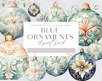 Pastel Christmas Ornaments Clipart,  Blue and Gold Xmas Bauble, Green Decorations, Watercolor Holiday Clip Art, Commercial Use, PNGs,