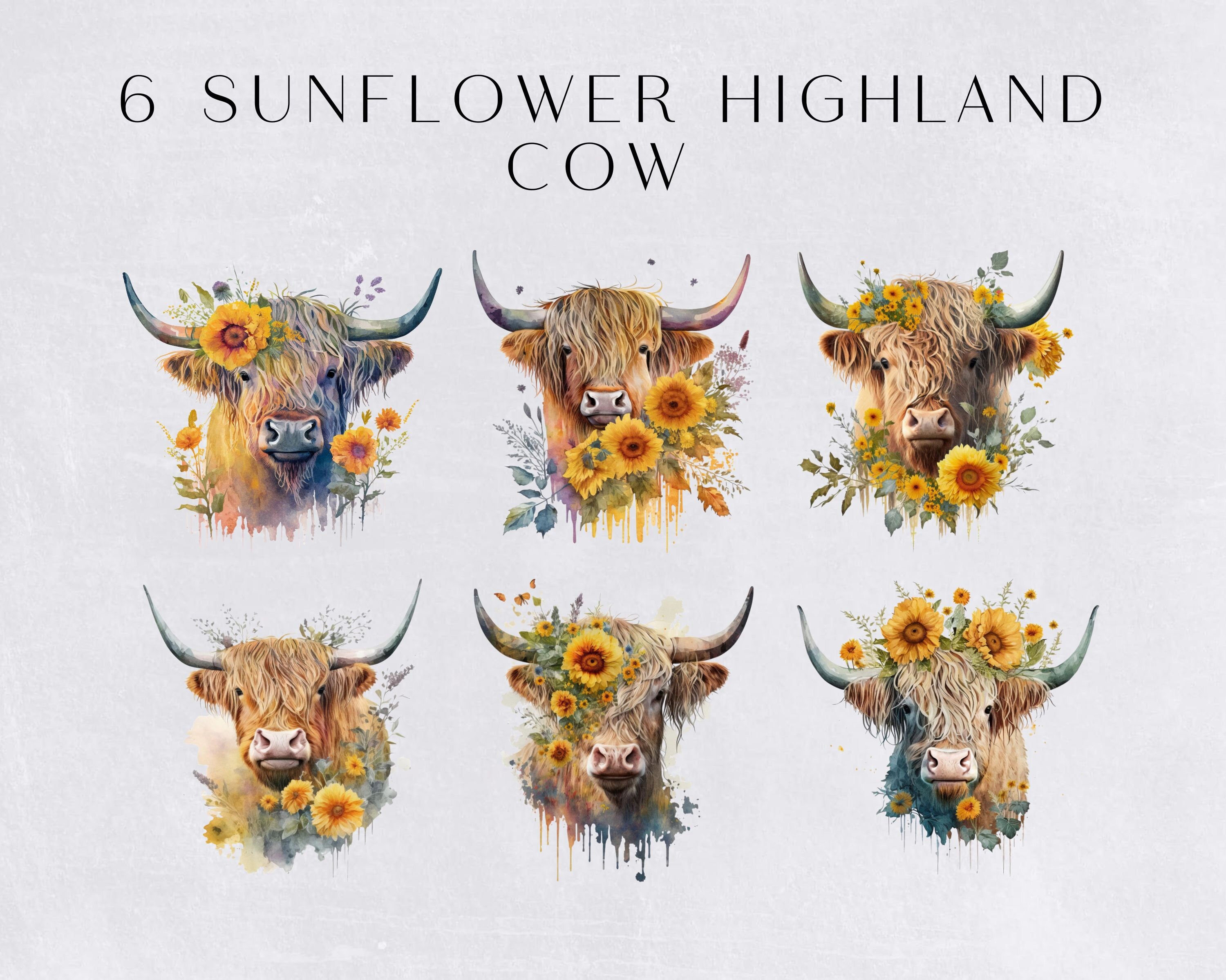 Highland Cow Clipart Watercolor With Sunflowers, Cute Cow Clip Art for ...