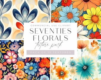 Retro 70s Clipart, Colorful Floral Seventies Flowers Background Clip Art, JPEG, Large Groovy Hippi Flowers, Watercolor Bright Colors,