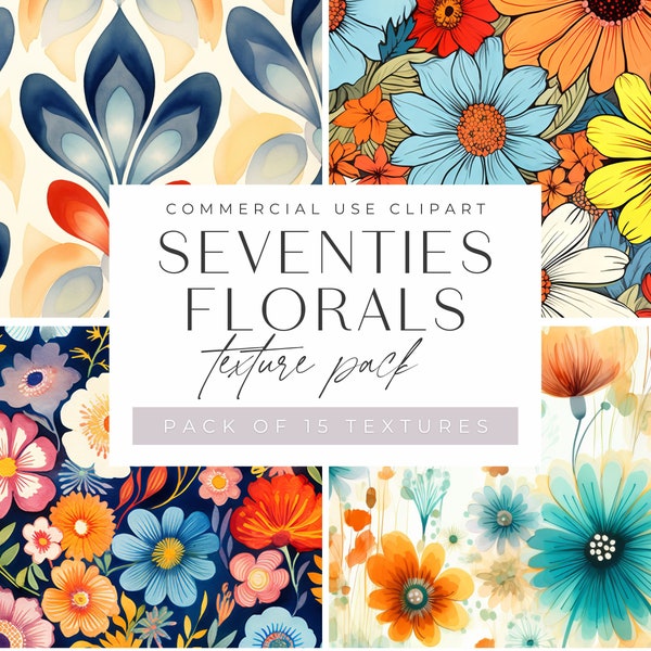 Retro 70s Clipart, Colorful Floral Seventies Flowers Background Clip Art, JPEG, Large Groovy Hippi Flowers, Watercolor Bright Colors,