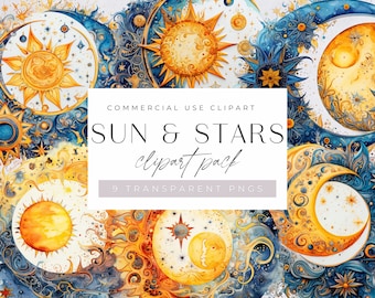 Celestial Moon Stars Clipart, Watercolor Zodiac, Magical, Cosmic, Navy & Gold Lunar, Whimsical Wall Art, transparent png, Commercial use