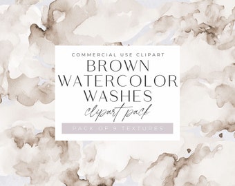 May include: A digital clipart pack of 9 brown watercolor washes. The washes are abstract and have a light, airy feel. The text "COMMERCIAL USE CLIPART BROWN WATERCOLOR WASHES clipart pack PACK OF 9 TEXTURES" is displayed on a white rectangle.