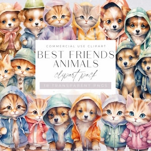 Watercolor Clipart Friends, Best Friend Animals Clipart Watercolor, Pet Friends, Cat & Dog Friends, Card Making, Birthday Invitation