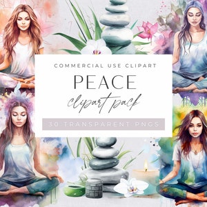 Clipart de yoga consciente, clipart de meditación y paz, pose de meditación de mujeres en acuarela, uso comercial, PNG transparentes, meditador boho
