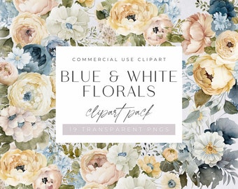 Blue and White Floral Watercolor Clipart Pack, Clip art for commercial use, Transparent PNGs, Bohemian Wild flowers, Dusty Blue Florals
