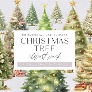 Clipart decorato con albero di Natale nordico, alberi di Natale di pino acquerellati con regali, clipart accogliente per le feste, creazione di biglietti, uso commerciale,