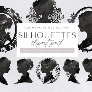 Silhouette Portrait Clipart Pack, Black & White Woman&#39;s Head Profile png clipart, Side Profile, People Silhouettes Digital Download,