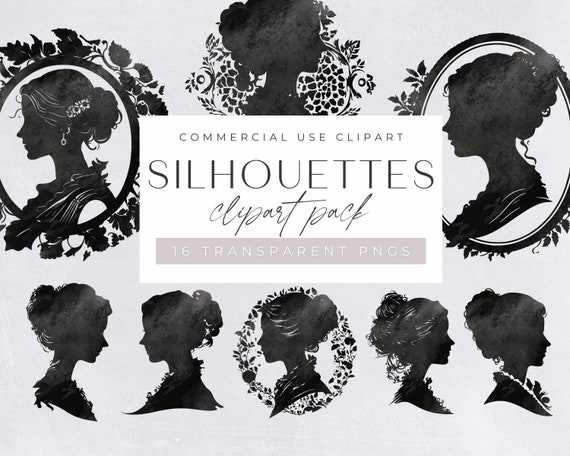 Silhouette Portrait Clipart Pack, Black & White Woman's Head Profile png clipart, Side Profile, People Silhouettes Digital Download,