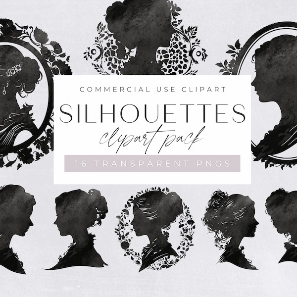 Silhouette Portrait Clipart Pack, Black & White Woman's Head Profile png clipart, Side Profile, People Silhouettes Digital Download,