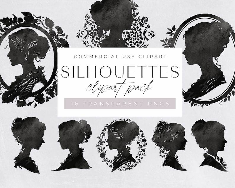 Silhouette Portrait Clipart Pack, Black & White Woman's Head Profile png clipart, Side Profile, People Silhouettes Digital Download, image 1
