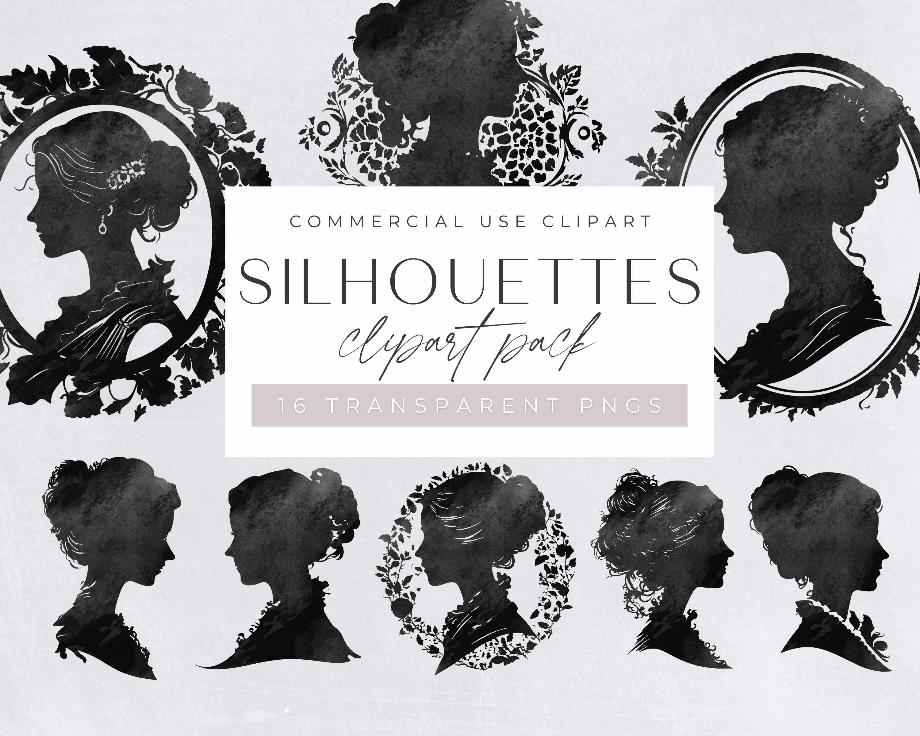 Silhouette Portrait Clipart Pack, Black & White Woman's Head Profile png clipart, Side Profile, People Silhouettes Digital Download,