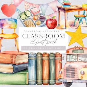 May include: Watercolor classroom clipart pack featuring a school bus, books, lunch, and school supplies. The image includes a red apple, a yellow star, and a banner. The text reads "CLASSROOM clipart pack" and "22 TRANSPARENT PNGS".