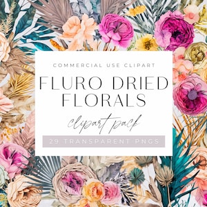 Clipart fleurs séchées au fluo, fleurs aquarelles aux couleurs vives, clipart à usage commercial, PNG transparents, fleurs botaniques de mariage
