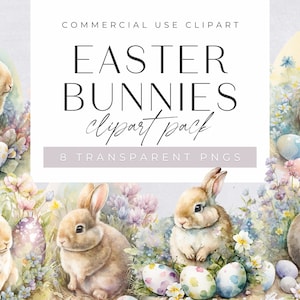 Aquarell Osterhase Clipart Pack, Clipart für kommerzielle Nutzung, transparente PNGs, Hasen mit Blumen Clipart, Eier