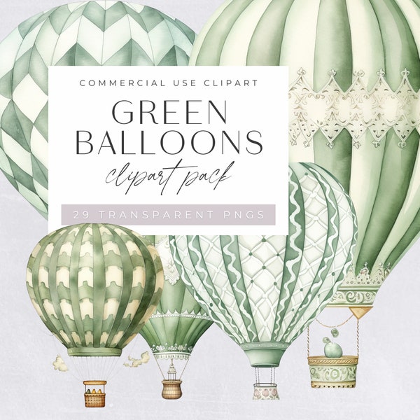 Hot Air Balloon Clipart, Watercolor Green, Nursery Wall Decor, Baby Shower Clip Art, Travel Clipart, Commerical License,