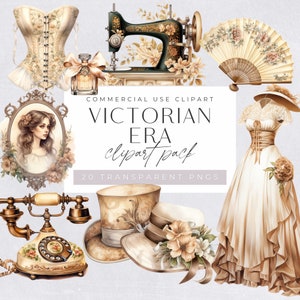 Victoriaanse tijdperk clipart, vintage antieke objecten, dame png, hoed, meubelillustratie, jurk graphics, ongewenste tijdschrift ephemera, commercieel gebruik
