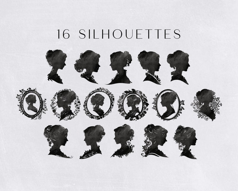 Silhouette Portrait Clipart Pack, Black & White Woman's Head Profile png clipart, Side Profile, People Silhouettes Digital Download, image 3