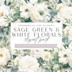 Salbei Grün und Weiß Blumen Clipart, Brautsträuße, Blumengrafiken, Aquarell Blumen, kommerzielle Nutzung, Transparente PNGs, Junk Journal