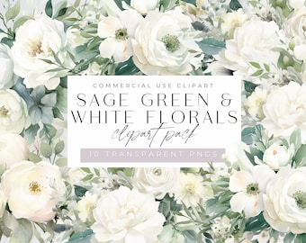 Sage Green and White Florals Clipart, Wedding Bouquets, Floral Graphics, Watercolor Flowers, commercial use, Transparent PNGs, Junk Journal