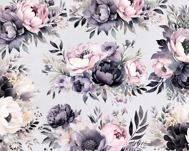 Dark Floral Clipart, Black and Pink flower Bouquet, Watercolor Clip art, commercial use, Transparent PNGs, Wedding Invitations, Invites image 5