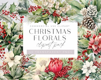Christmas Floral Clipart, Holly & Ivy Bouquet, Winter Wedding Invitations, Watercolor Holiday Clip Art, Winter Greenery, Commercial Use, PNG