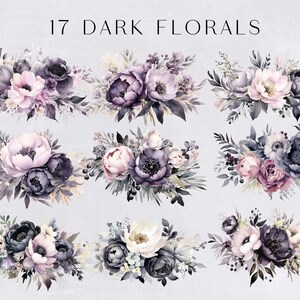 Dark Floral Clipart, Black and Pink flower Bouquet, Watercolor Clip art, commercial use, Transparent PNGs, Wedding Invitations, Invites image 3