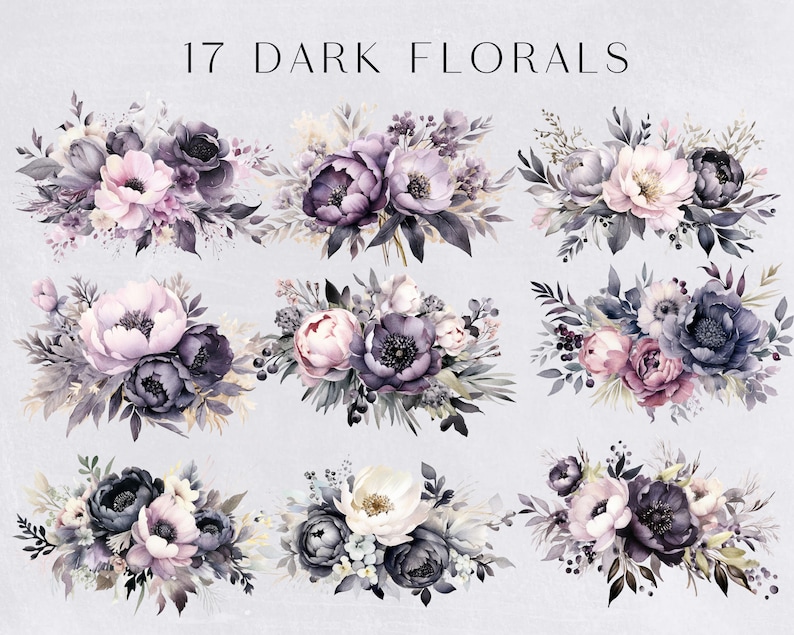 Dark Floral Clipart, Black and Pink flower Bouquet, Watercolor Clip art, commercial use, Transparent PNGs, Wedding Invitations, Invites image 3