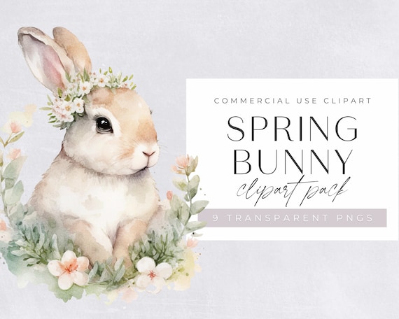 Watercolor Spring Bunny with Flowers Clipart Pack, Clipart for commercial use, Transparent PNGs, Nursery Clipart, Easter Bunny, Wall Art