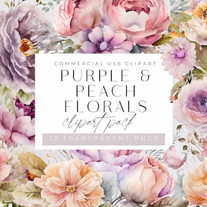 Paquete de imágenes prediseñadas de flores moradas y rosas, ramo de acuarela lila y naranja, imágenes prediseñadas de flores para uso comercial, PNG transparentes, invitación de boda