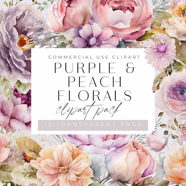Purple and Pink Floral Clipart Pack, Lilac & Orange Watercolor Bouquet, Flower Clip art for commercial use, Transparent PNGs, Wedding invite