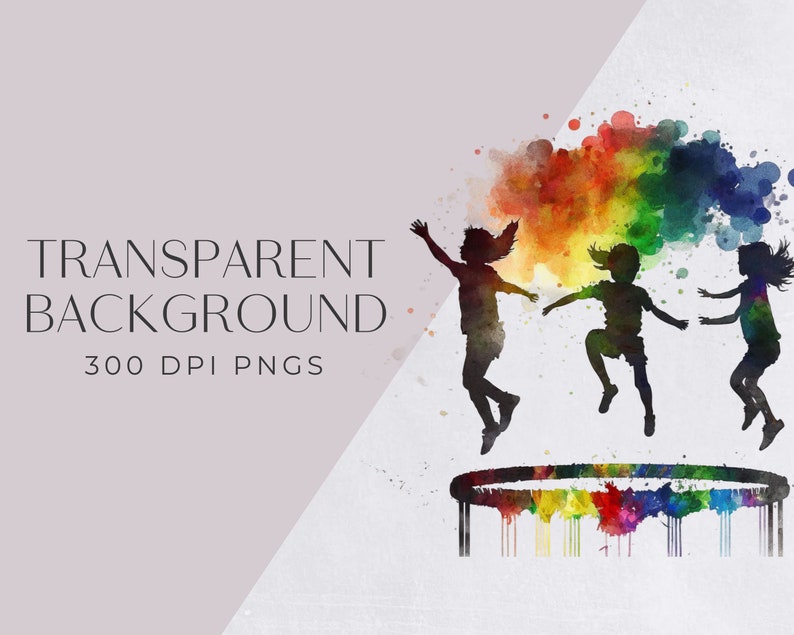 Clipart acquerello trampolino, invito rimbalzante, invito di compleanno salta uso commerciale, PNG trasparenti, clip art arcobaleno luminoso e colorato immagine 3