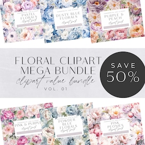 Megabundel bloemen clipart, pastel bloemen, stoffig blauw, paars en perzik, roze pioenrozen, bloemboeket, huwelijksuitnodiging, commercieel gebruik