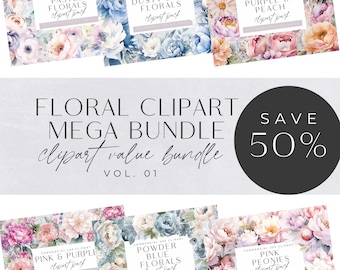Floral Clipart Mega Bundle, Pastel Florals, Dusty Blue, Purple and Peach, Pink Peonies, Flower Bouquet, Wedding Invitation, Commerical Use
