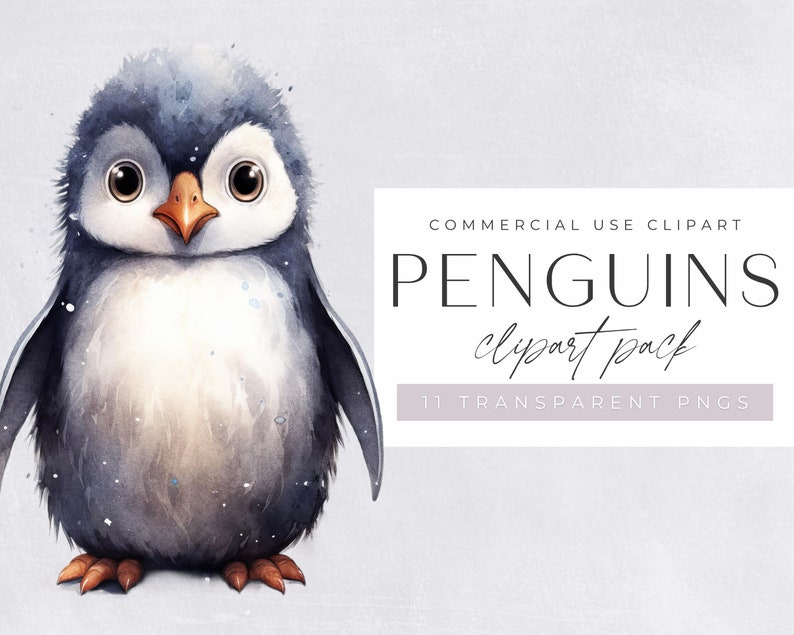 Penguin Clipart, Cute Watercolor Penguins for Nursery or crafting, for commercial use, Transparent PNGs, Winter and Christmas Clip art image 1