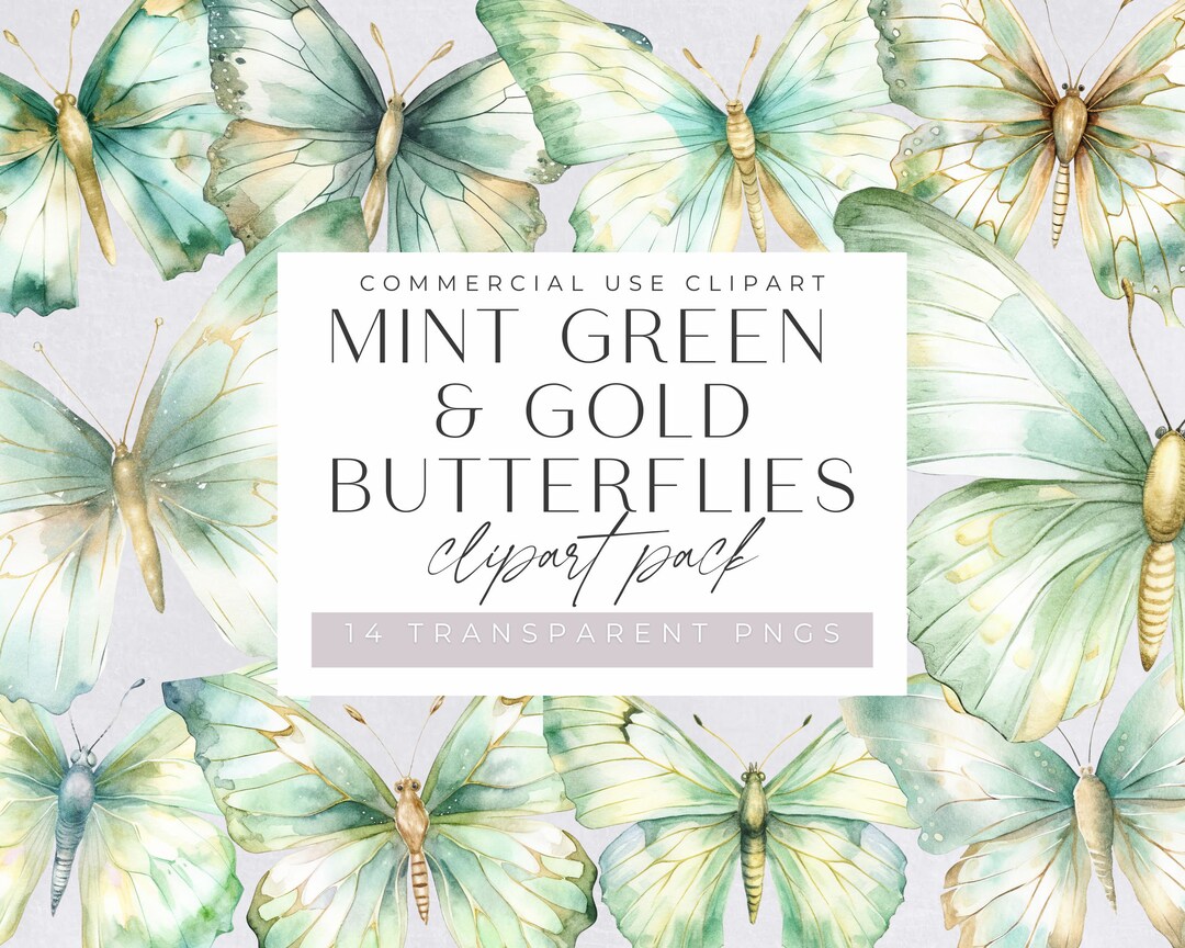 Mint Green and Gold Butterflies Clipart Pack, Transparent Png Clipart ...