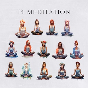 Meditation Clipart , Yoga Pose and Mindfulness, Watercolor Women Meditating, for commercial use, Transparent PNGs, Bohemian Meditator, image 3