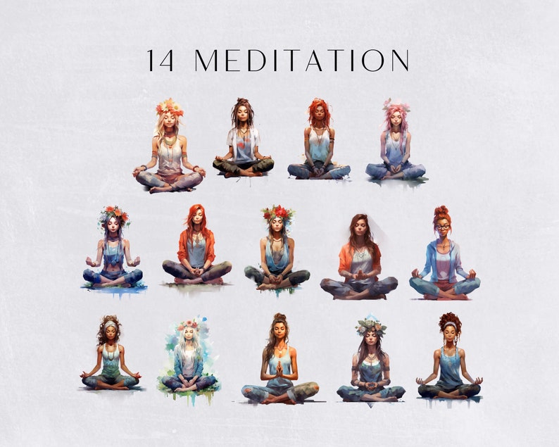 Meditation Clipart , Yoga Pose and Mindfulness, Watercolor Women Meditating, for commercial use, Transparent PNGs, Bohemian Meditator, image 3