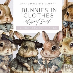 Watercolor Bunnies in clothes Clipart Pack, Bunny Clipart for commercial use, Transparent PNGs, Nursery Clipart, Wall Art, Little Rabbit
