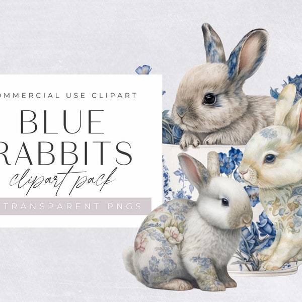 Blue Decorative Bunny Clipart Pack, Clipart for commercial use, Transparent PNGs, Nursery Clipart, Rabbit Clip art, Wall Art