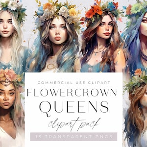 Flowercrown Queens-aquarel, vrouwen met bloemen in het haar, meisje met bloemenkrans op hoofd, voor commercieel gebruik, transparante png-bestanden,