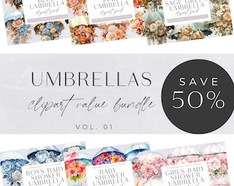 Clipart z akwarelowym parasolem, grafika cyfrowa na deszczowy dzień, parasole kwiatowe, zastosowanie komercyjne, zaproszenie na ślub, baby shower, wieczór panieński