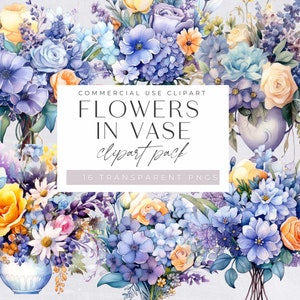 Paquete de imágenes prediseñadas de florero de acuarela, morado y lila, flores de ventana, ramo floral, uso comercial, fabricación de tarjetas, manualidades digitales
