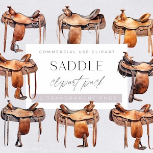 Cowboy Saddle Clipart, Horse Riding, Western, Watercolor, Wild West Clip Art, Leather Trial Saddle, Instant Download, Transparent PNGs,