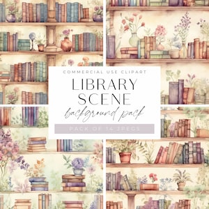 May include: A digital download of 14 watercolor illustrations of bookshelves with books, plants, and flowers. The illustrations are perfect for creating digital backgrounds, scrapbooking, or other creative projects. The text on the image reads "COMMERCIAL USE CLIPART LIBRARY SCENE background pack PACK OF 14 JPEGS".