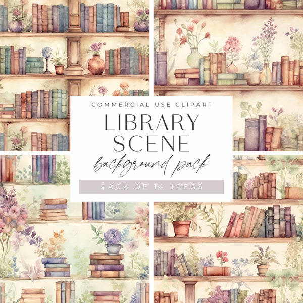 Library Scenes JPEG, Watercolor Reading Corner Background, Book Lovers Backdrop,  Bookshelves Junk Journal Pages, Digital Scrapbook Paper,