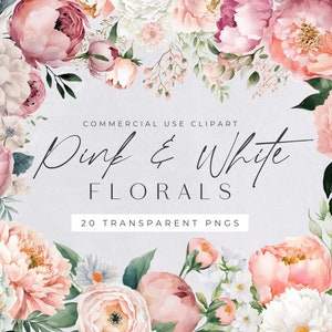 Pink and White Floral Watercolor Clipart Pack for commercial use, Blush Roses & Spring Flowers, Transparent PNGs, Botanical Wedding Bouquet