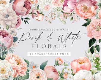 Pink and White Floral Watercolor Clipart Pack for commercial use, Blush Roses & Spring Flowers, Transparent PNGs, Botanical Wedding Bouquet