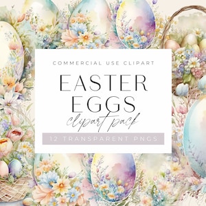 Clipart de huevos de Pascua en acuarela, clipart para uso comercial, PNG transparentes, canasta de conejito de Pascua, huevos de Pascua de arcoíris coloridos florales