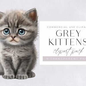 Grey Kittens clipart pack, Clip art for commercial use, Transparent PNGs,  Cute, Adorable Watercolour Gray Tabby Cats