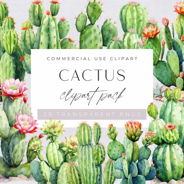 Cactus Clipart Bundle, Desert Cacti Png, Watercolor Succulent Illustrations, Western Green Cactus Clip Art, Wild West, Plant, Junk Journal